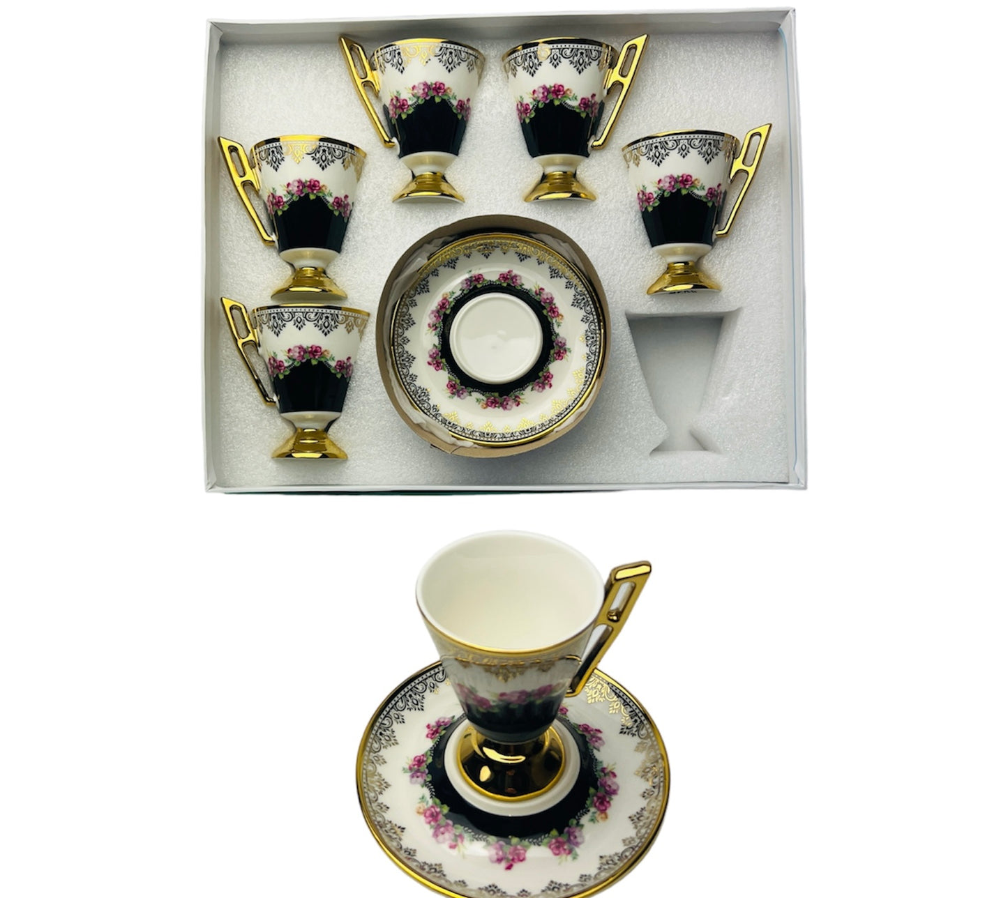 Luxus Schwarz-Gold Espressotassen 12 TLG für 6 Personen im Vintage Stil 100 Ml