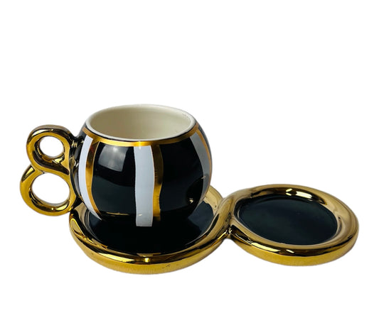 Luxus schwarz-Gold Espressotassen 12 TLG für 6 Personen Mäander Stil 75Ml NEU